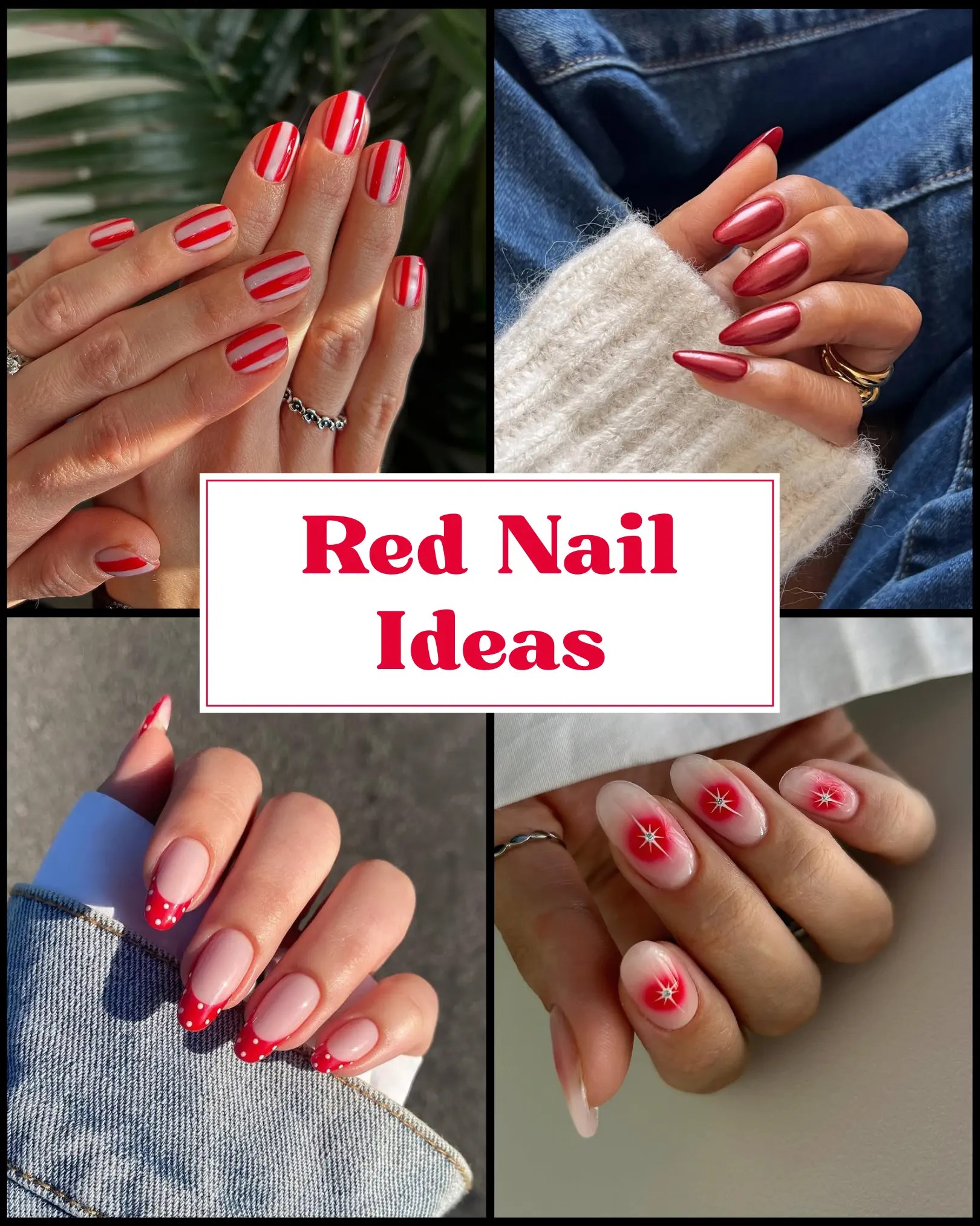 collage of cute red nail ideas including unique French tip designs and trendy striped nail art on short nails