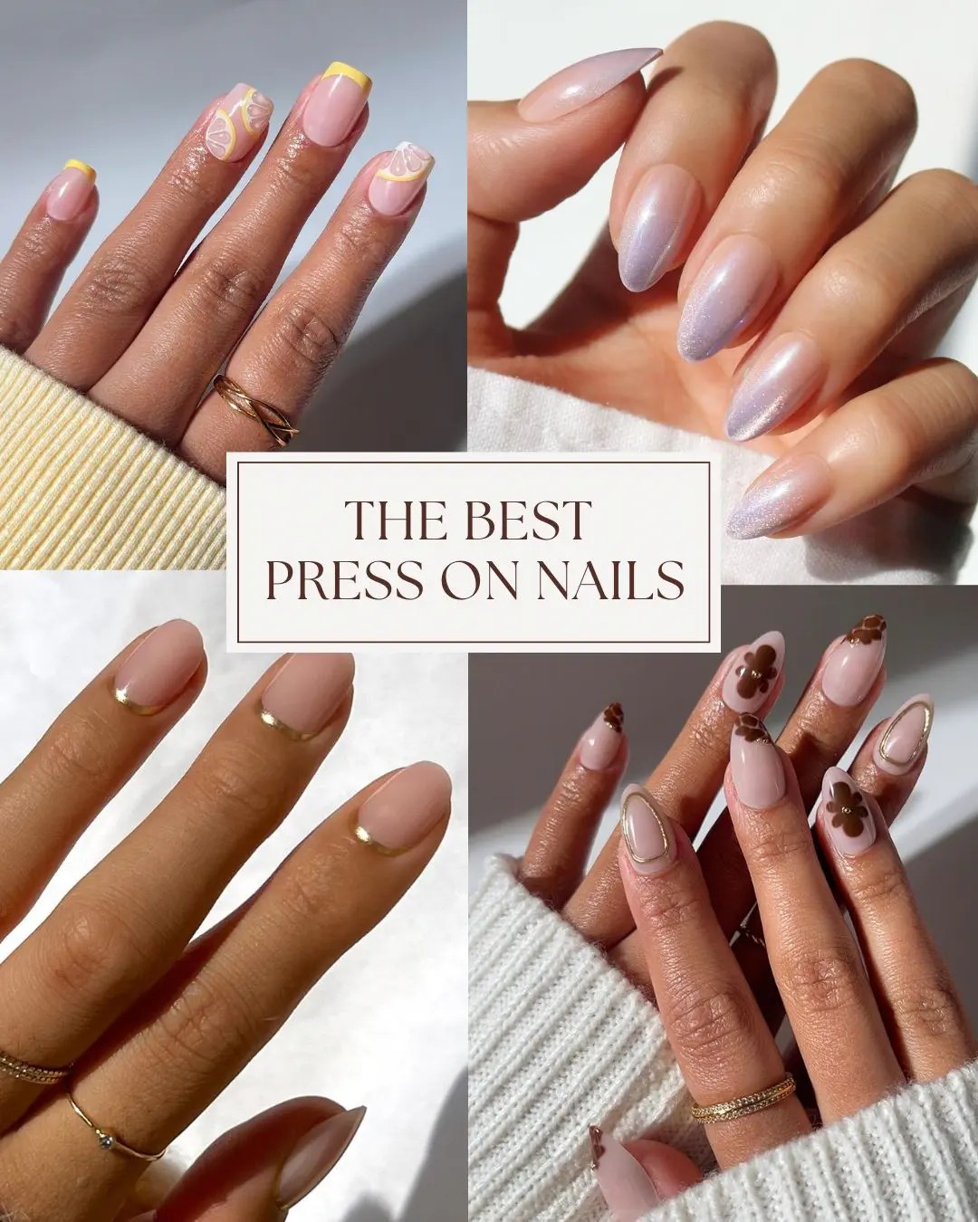 Four press on nail looks: yellow lemon French tips, lilac shimmer almond nails, gold micro French manicure, and brown flower nail art