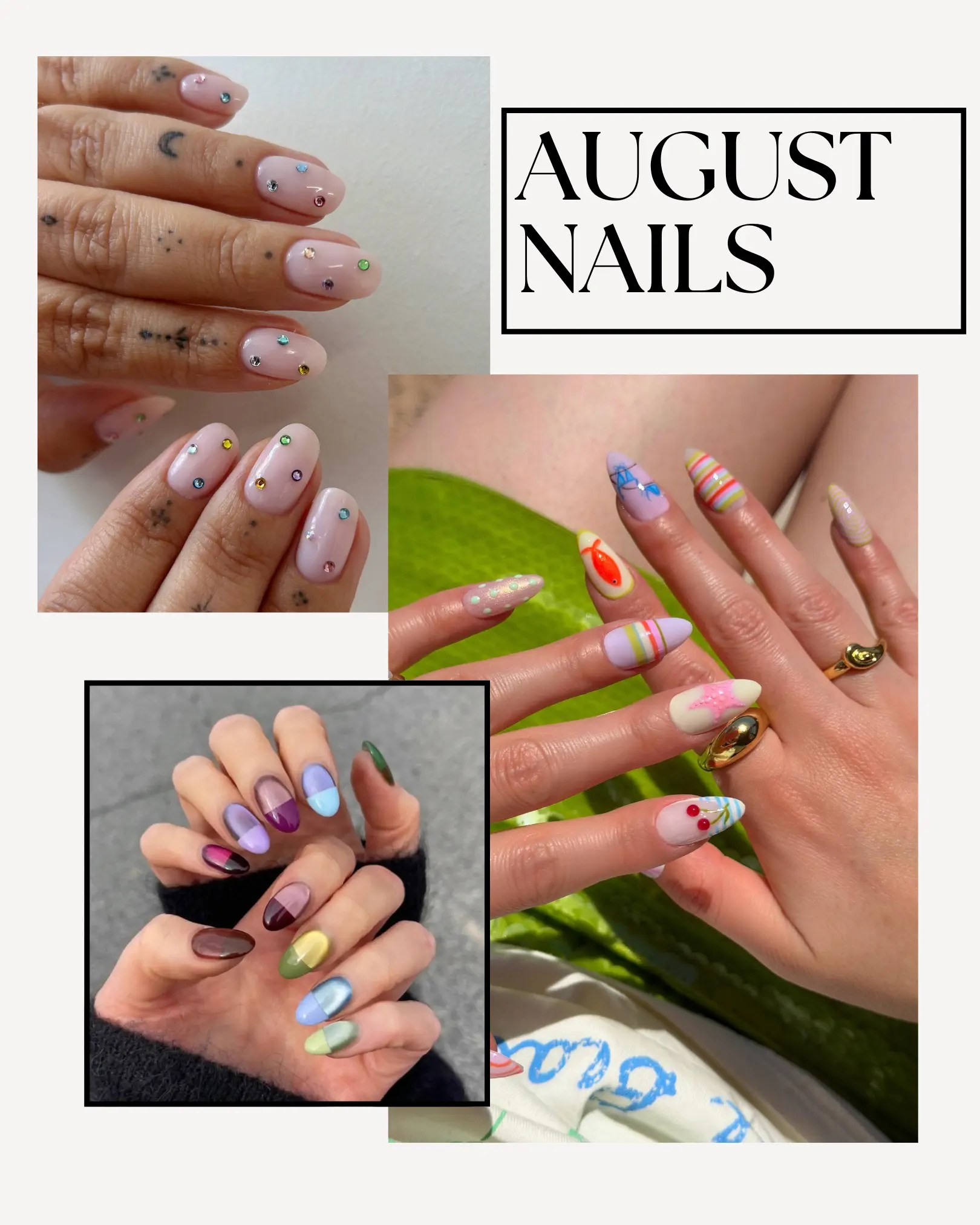 collage of cute august nail ideas including trendy gemstone designs and bright mismatched nail art