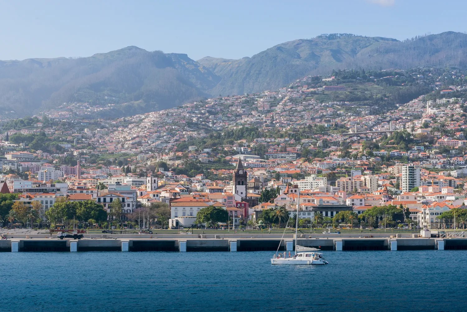 The terracotta-roofed city of Funchal climbing the hillside above the harbour, with a catamaran on the water in the foreground
