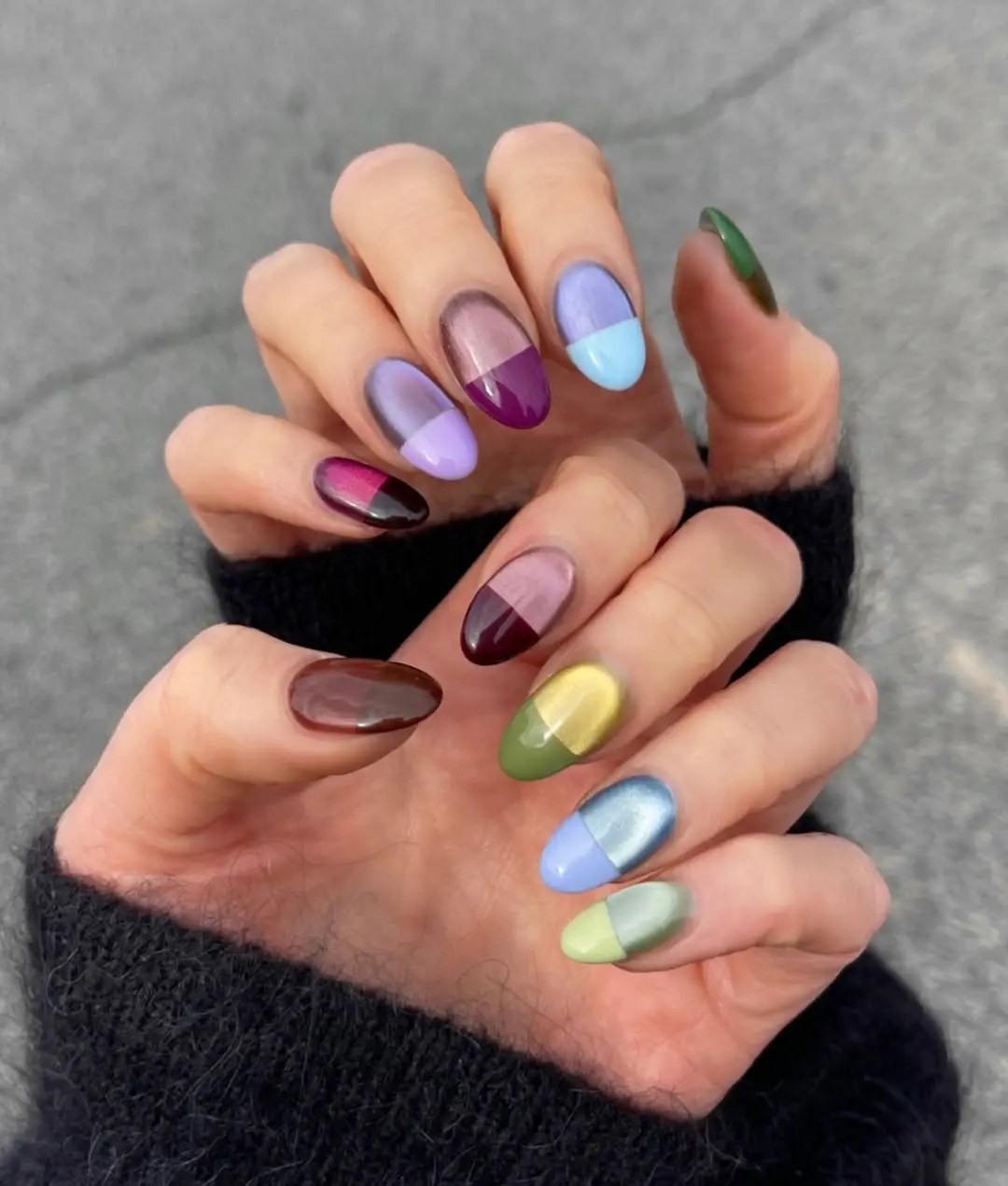 color block manicure with half cat eye polish for the summer-to-fall transition