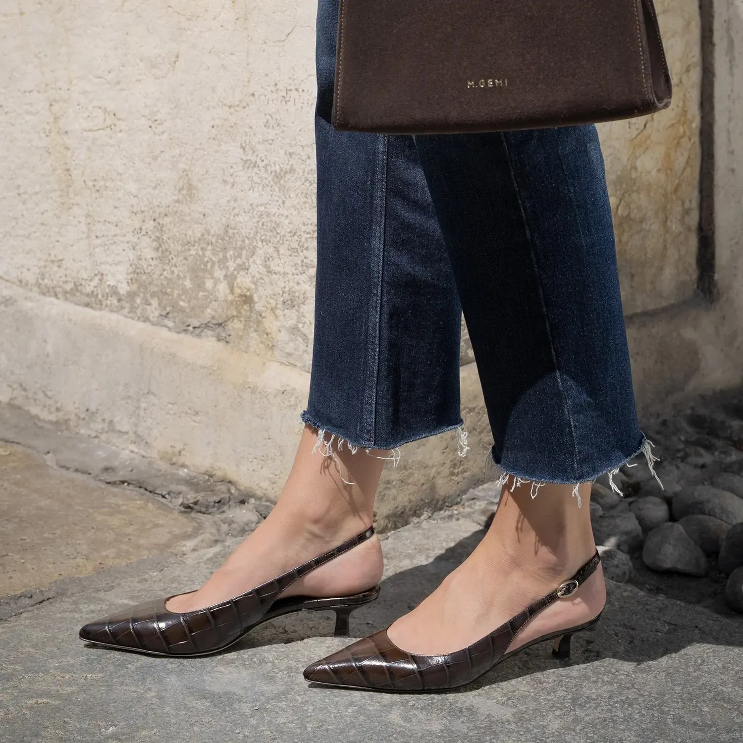 brown crocodile slingback pumps with comfortable kitten heels for work