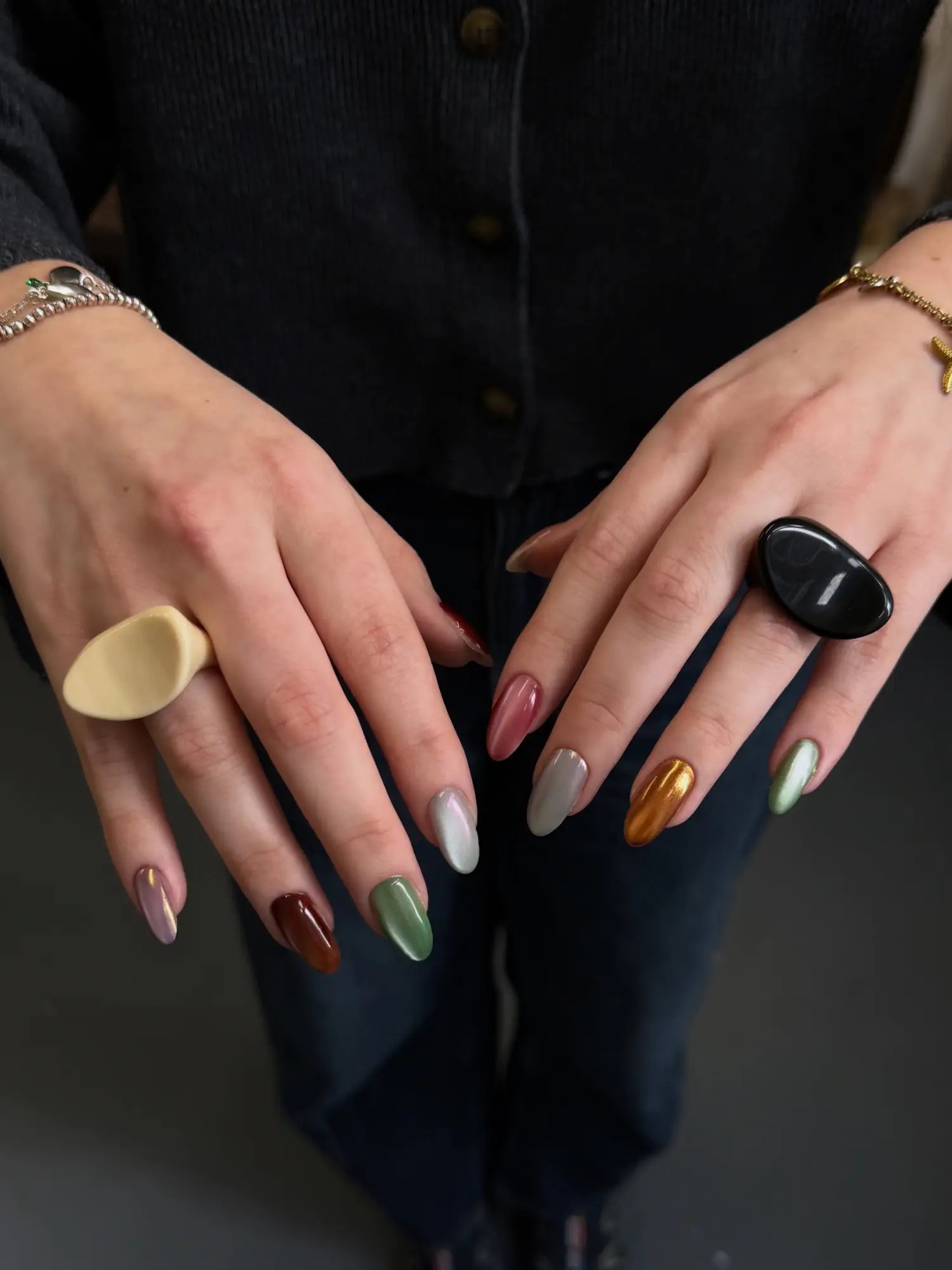 Fall classy nails in mixed metallic chrome shades including sage green, copper, rose, pearl white, and grey