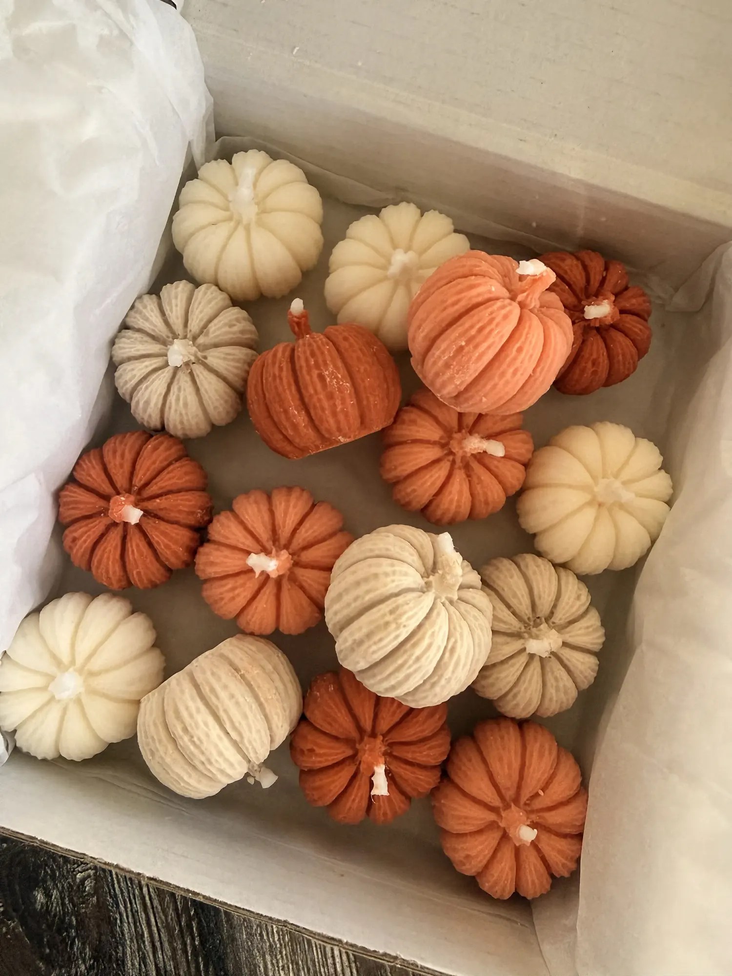 Boîte de mini bougies citrouilles nervurées en cire de soja blanche, crème et orange