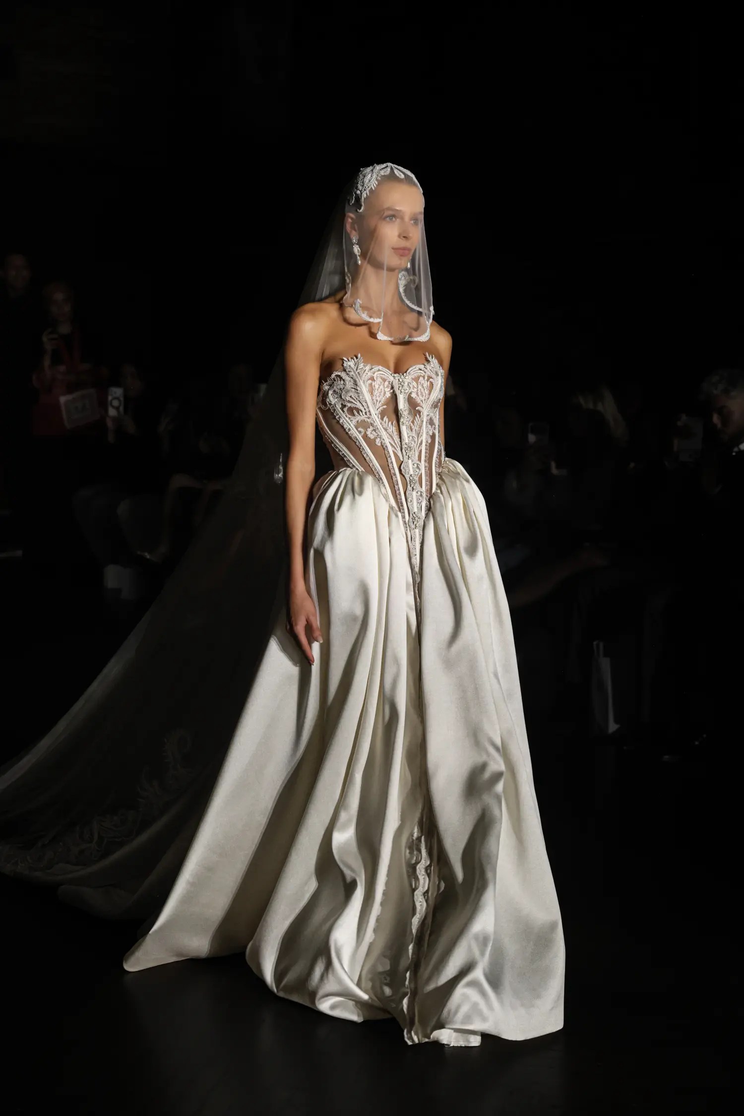 Alon Livné Fall 2027 strapless satin ballgown with embellished corset bodice and long veil