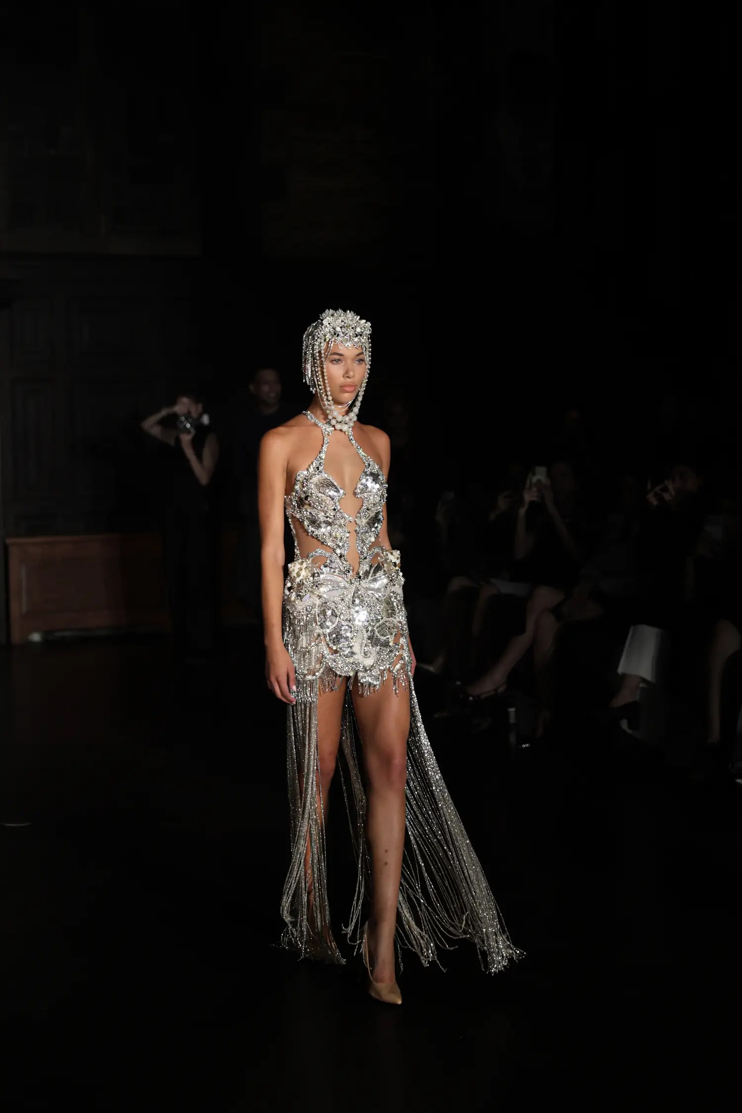Alon Livné Fall 2027 crystal-embellished mini with chain fringe and jeweled hood
