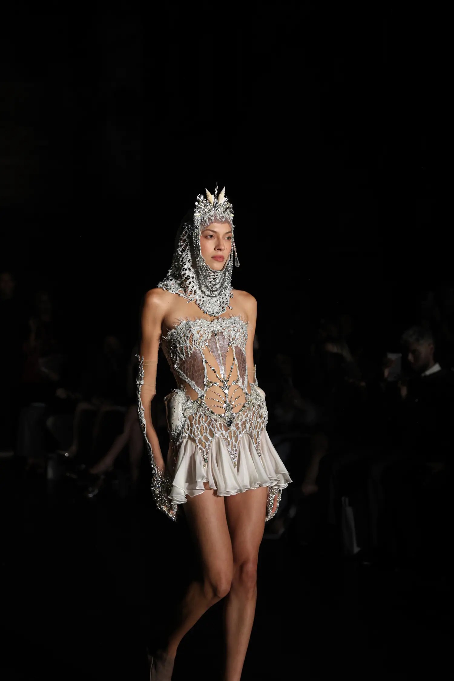 Alon Livné Fall 2027 crystal mini dress with shell headpiece