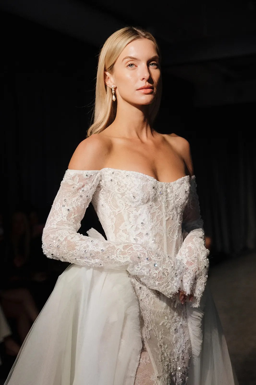 Berta Fall 2027 off-the-shoulder beaded corset gown with lace opera gloves