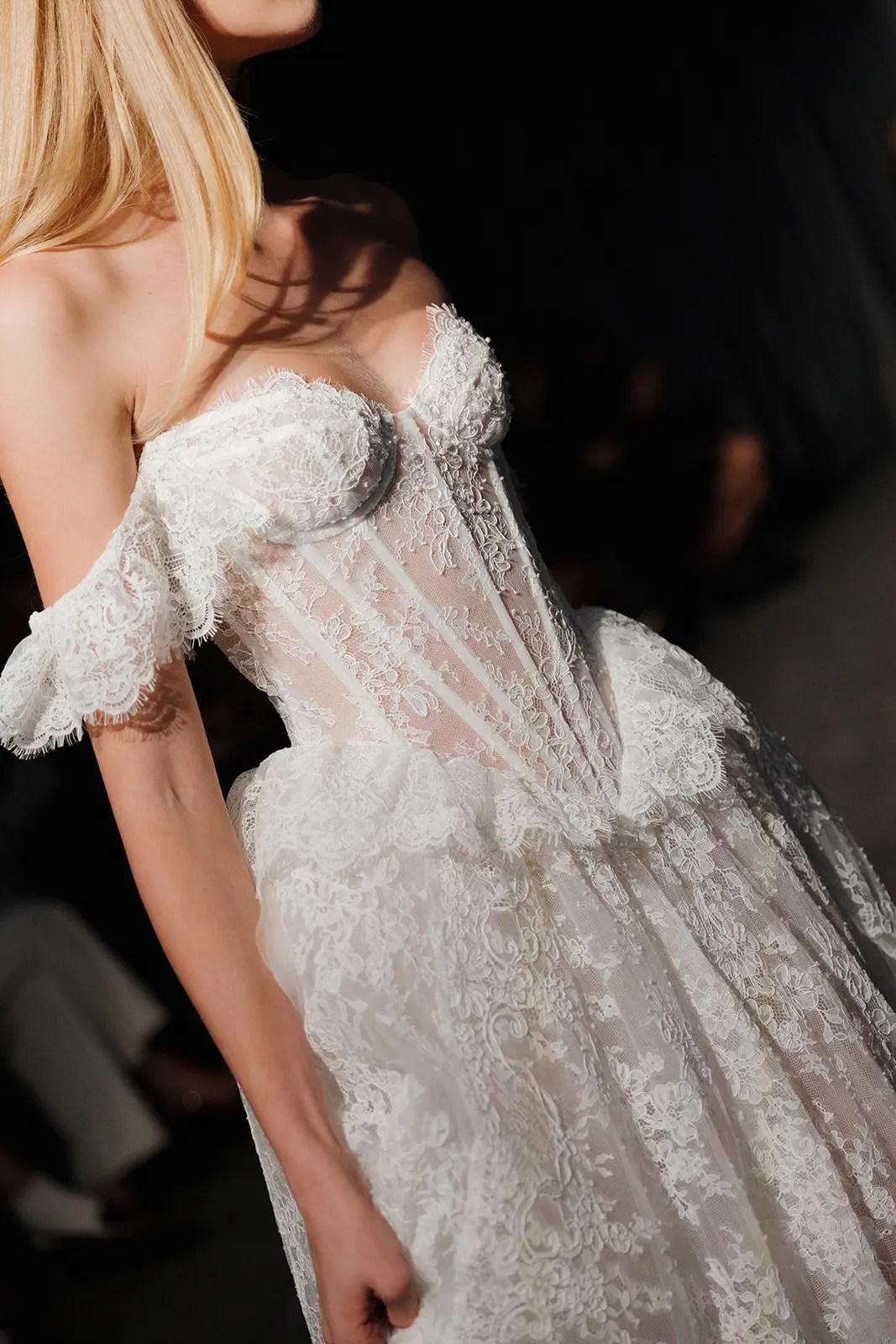 Berta Fall 2027 off-the-shoulder lace corset gown