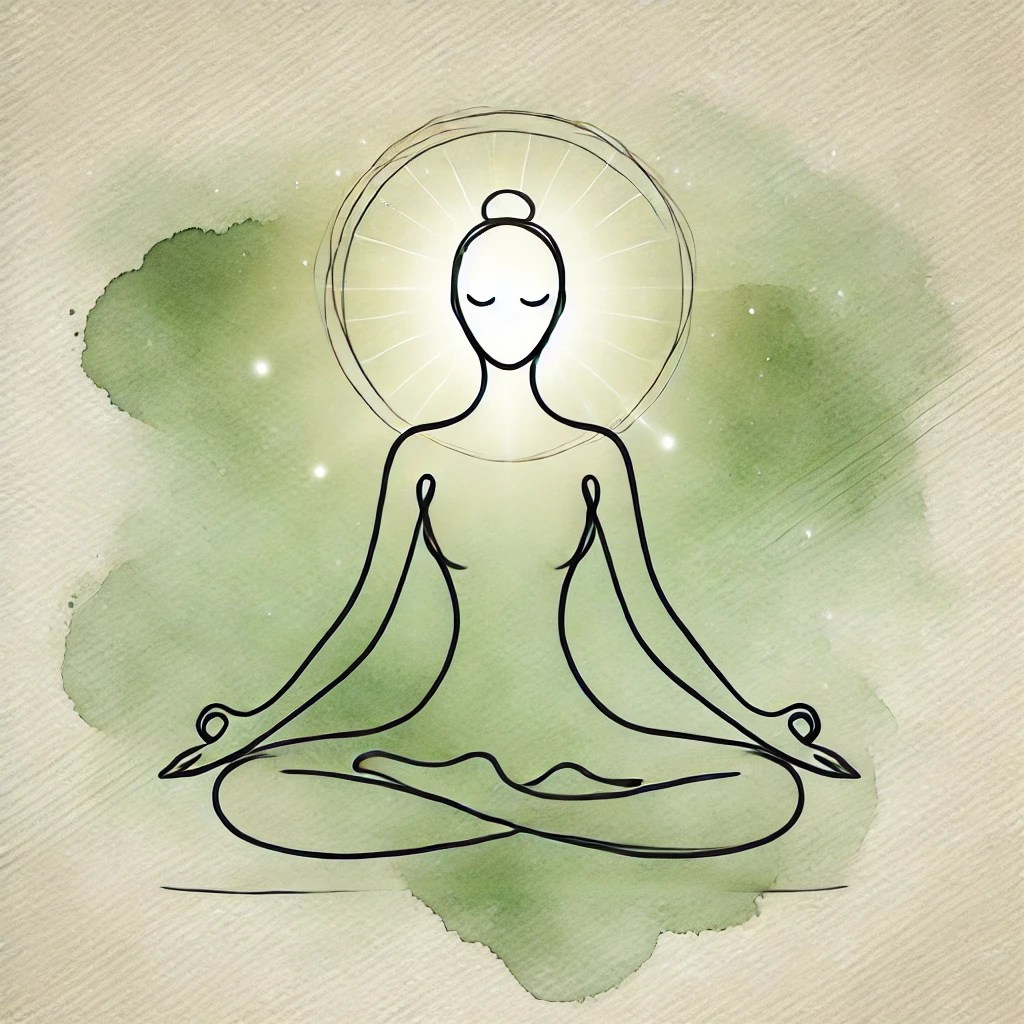 DALL%C2%B7E 2025 03 03 15.26.37 A minimalist line art drawing of a person in a meditation pose sitting cross legged with a calm and serene expression. The figure is outlined in smoo
