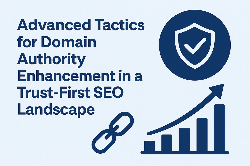 Blog feature graphic showing the title ‘Advanced Tactics for Domain Authority Enhancement in a Trust-First SEO Landscape’ with icons of a security shield, rising bar chart, and link symbol.