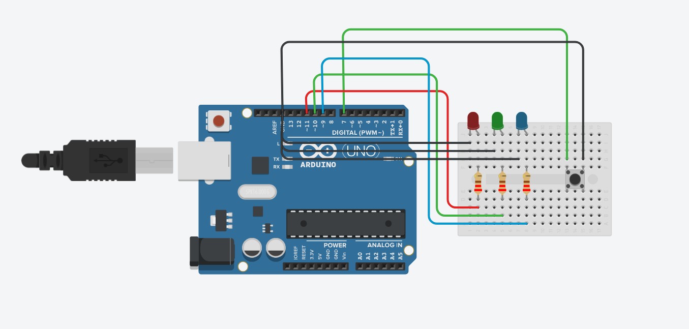 Arduino Uno wiring diagram showing three LEDs on pins 9, 10, 11 and a button on pin 7