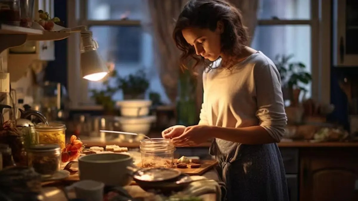 Woman cooking quietly in a warm, softly lit kitchen, focused and calm