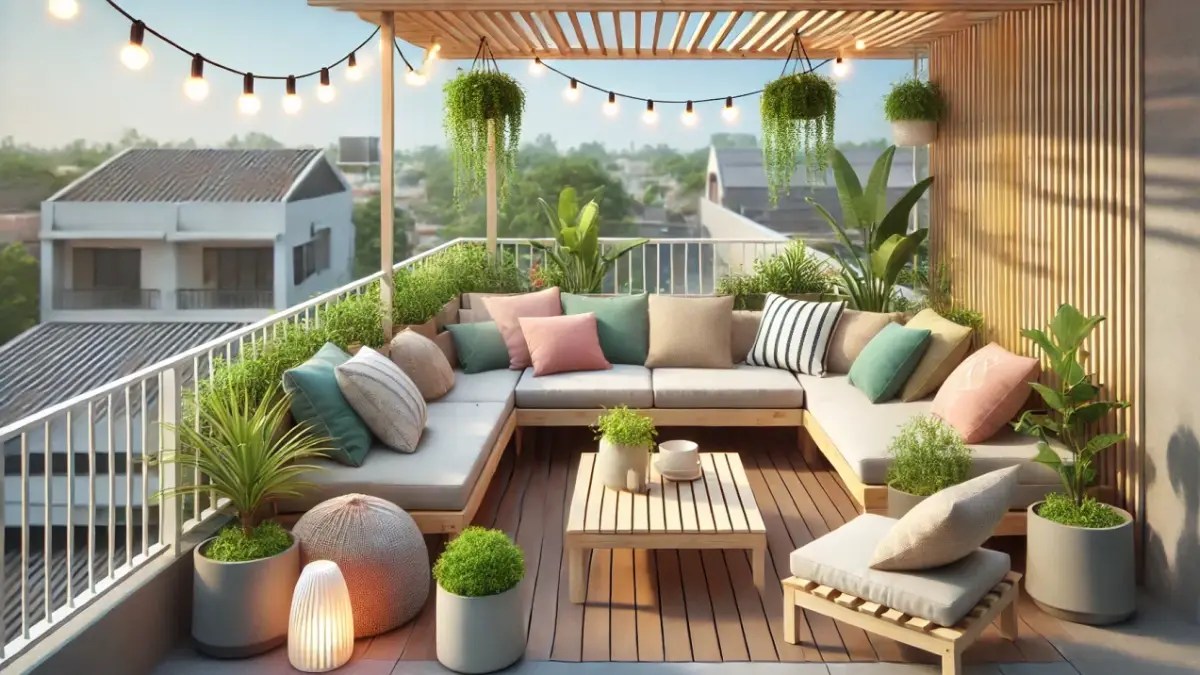Modern balcony seating area with a cozy sofa, cushions, wooden table, hanging plants, and warm string lights overlooking nearby houses.