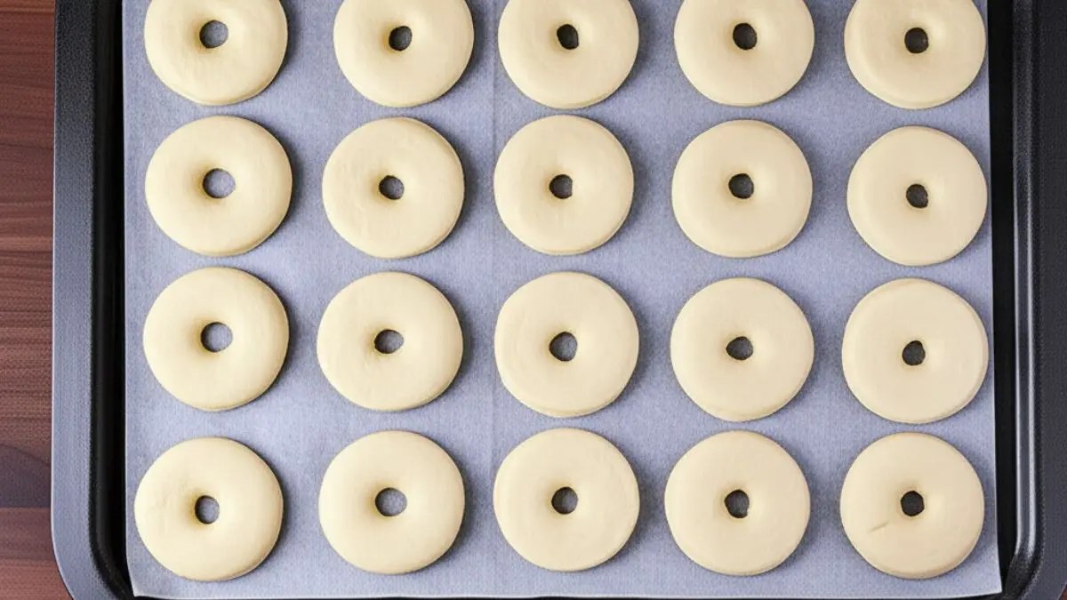 Cut donut shapes and holes placed on a parchment-lined tray, covered lightly to rise until puffy.