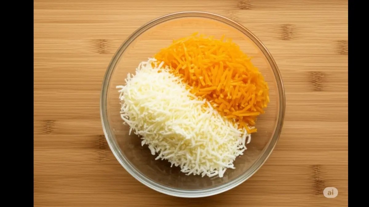 Preparing the filling by adding grated mozzarella and processed cheese (if using) to a medium-sized bowl.