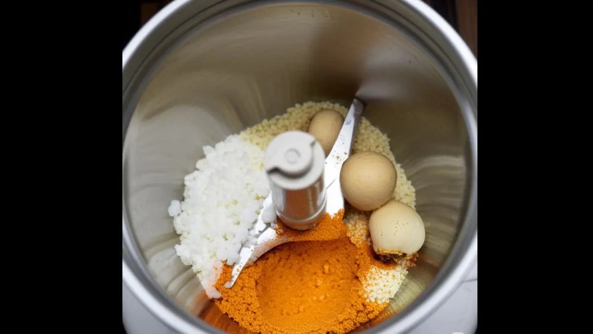 Hummus ingredients in a food processor, including toor dal, tahini, lemon juice, garlic, and spices.