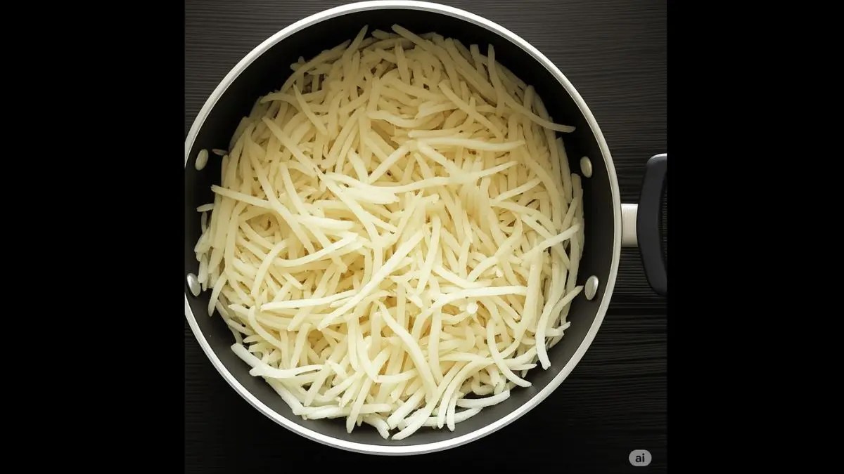 A thin, even layer of half-cooked rice spread over the spiced potato mixture in the pot.