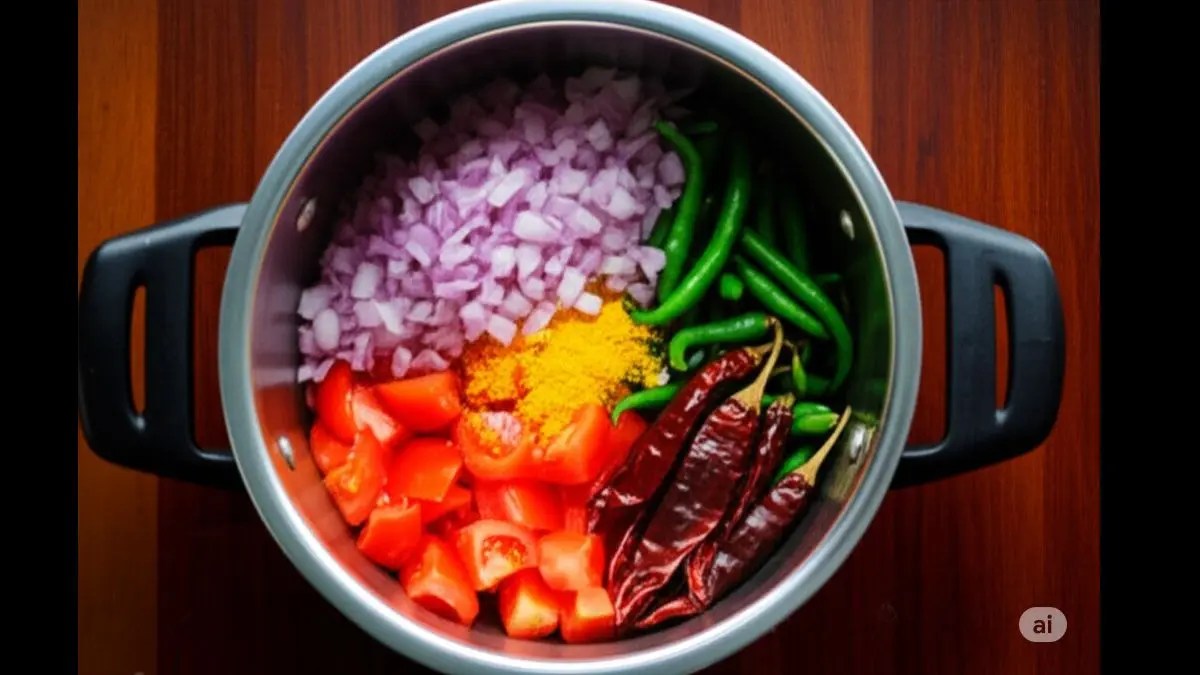 Chopped tomatoes, onions, ginger, and green chilies added to the soaked lentils in a pressure cooker.