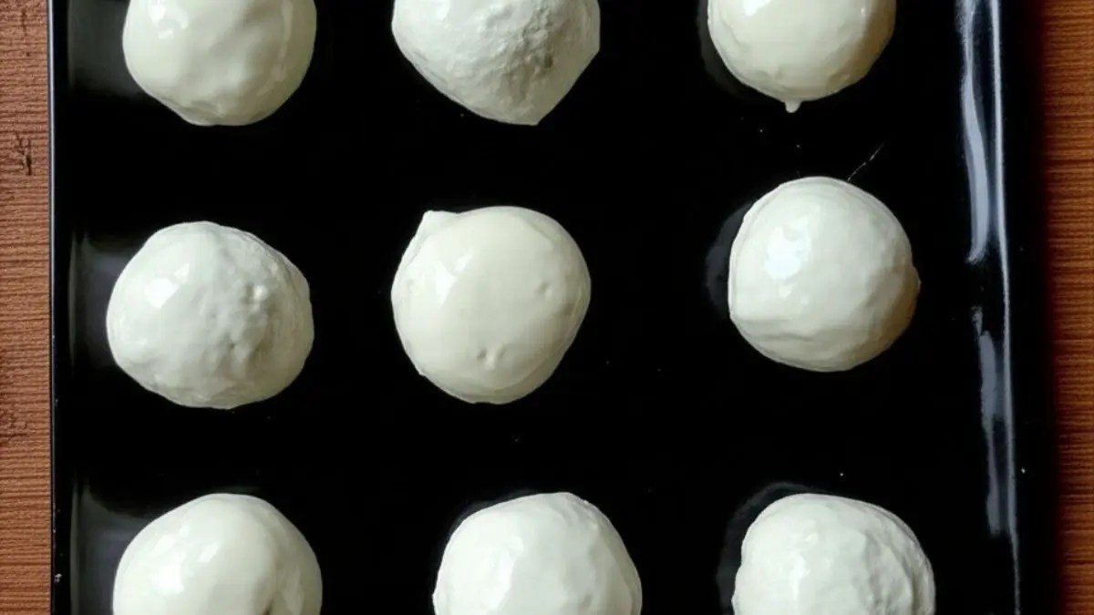 Batter-coated balls placed on a black tray.