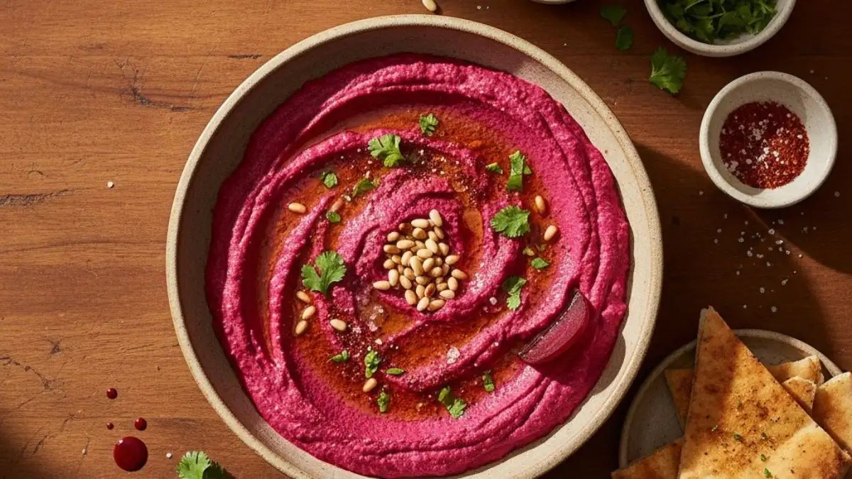 A bowl of beetroot hummus garnished with pine nuts, herbs, and olive oil.