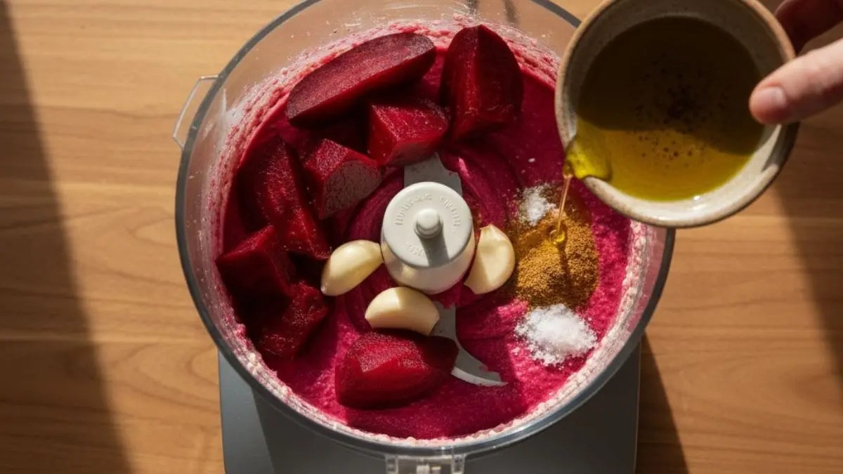 Beet chunks, garlic, spices, and oil in a food processor.
