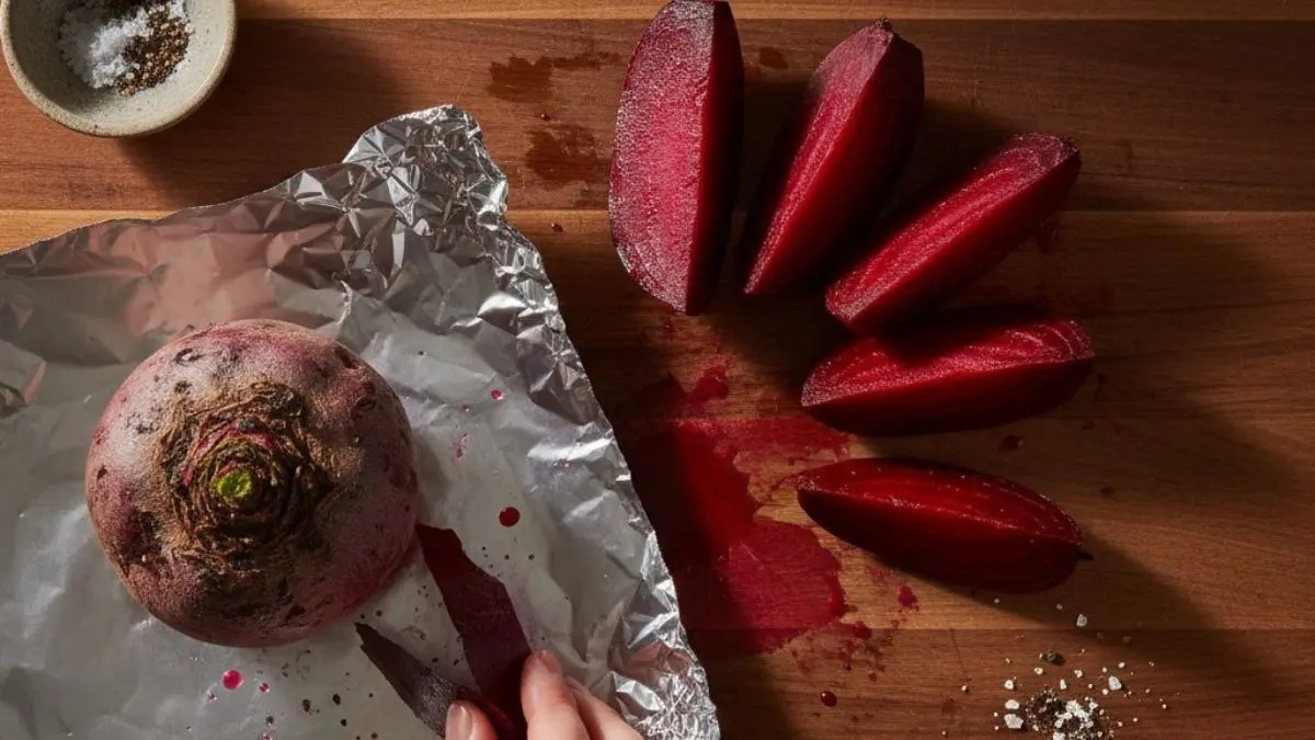 Whole beet on foil with sliced beet pieces on wooden surface.