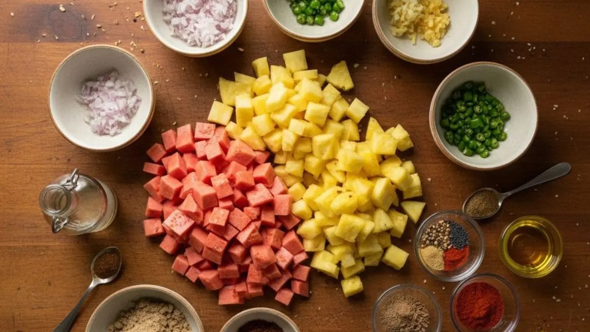 Chopped fruits, onions, chilies, and spices on a wooden table.