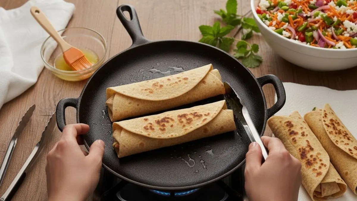 Person frying stuffed wraps.