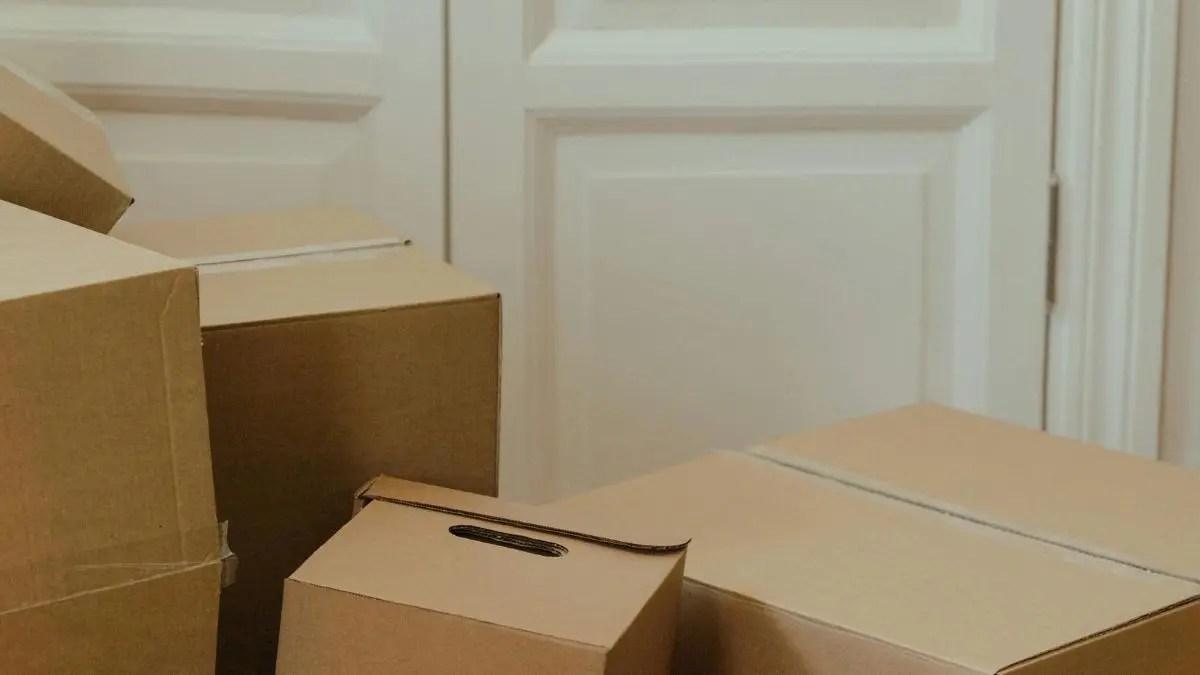 Stacked cardboard moving boxes placed near a closed white door, suggesting packing or relocation.