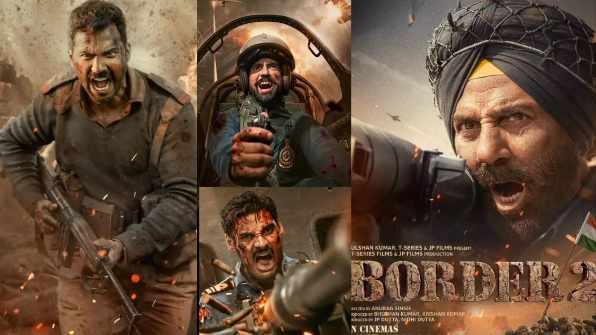 Action-packed movie poster collage showing Indian soldiers in intense combat scenes—gunfire, fighter jet cockpit, explosions, and a close-up of a turbaned soldier with fierce expression.