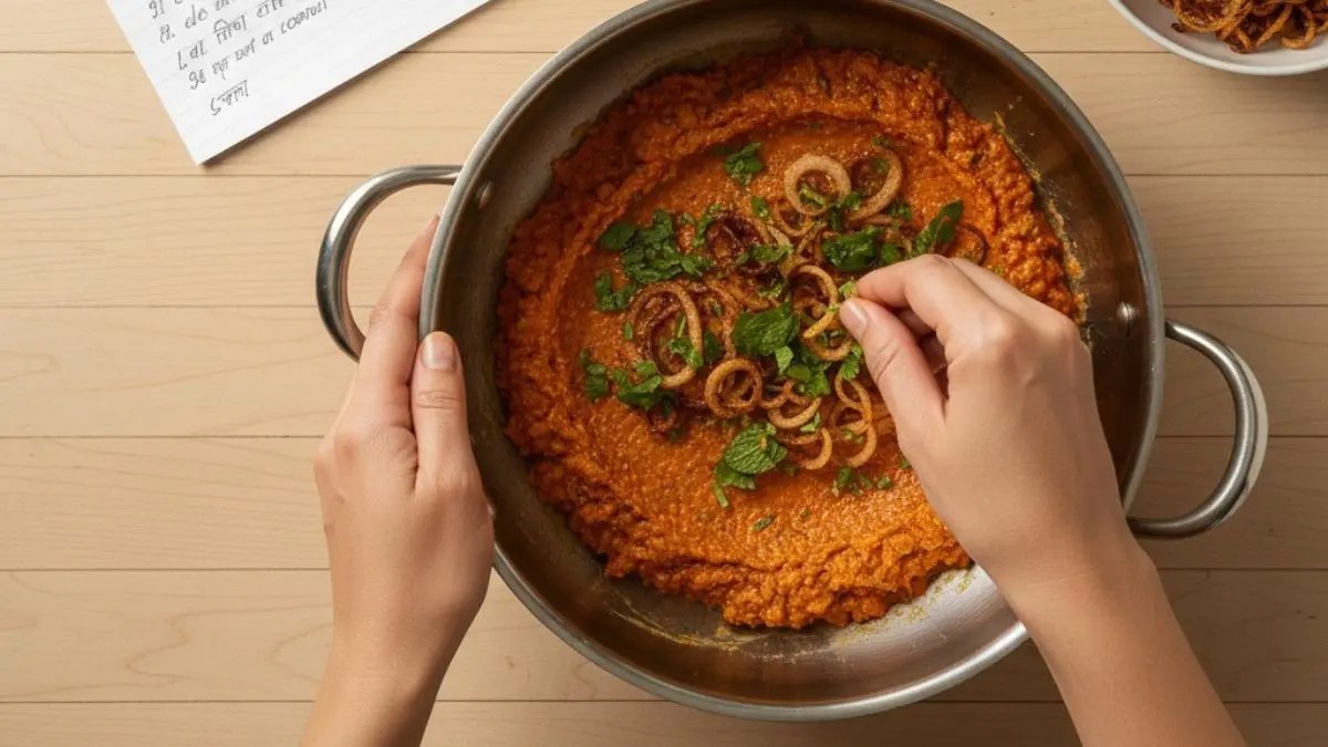 Garnishing curry with fried onions