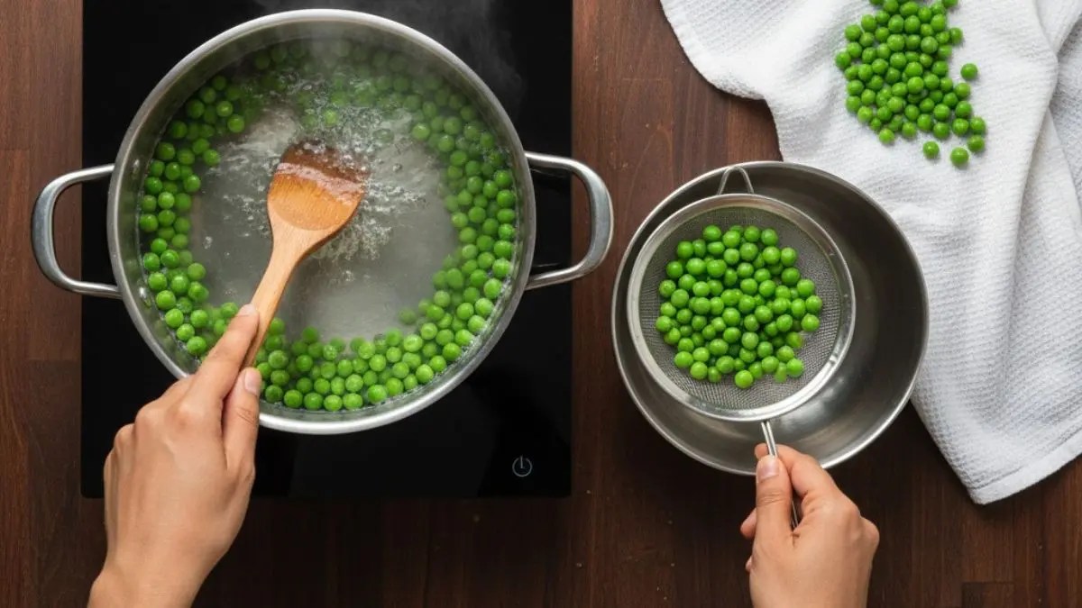 Boiling green peas in pot