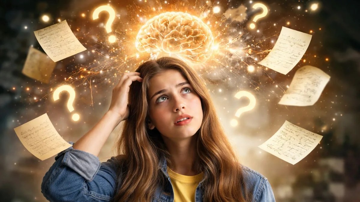 A woman looks upward in thought as a glowing illustrated brain floats above her head. Question marks and handwritten notes surround her to symbolize confusion or active thinking.