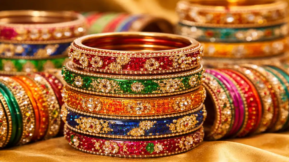 Colorful traditional Indian lac bangles arranged in a decorative stack on golden fabric.