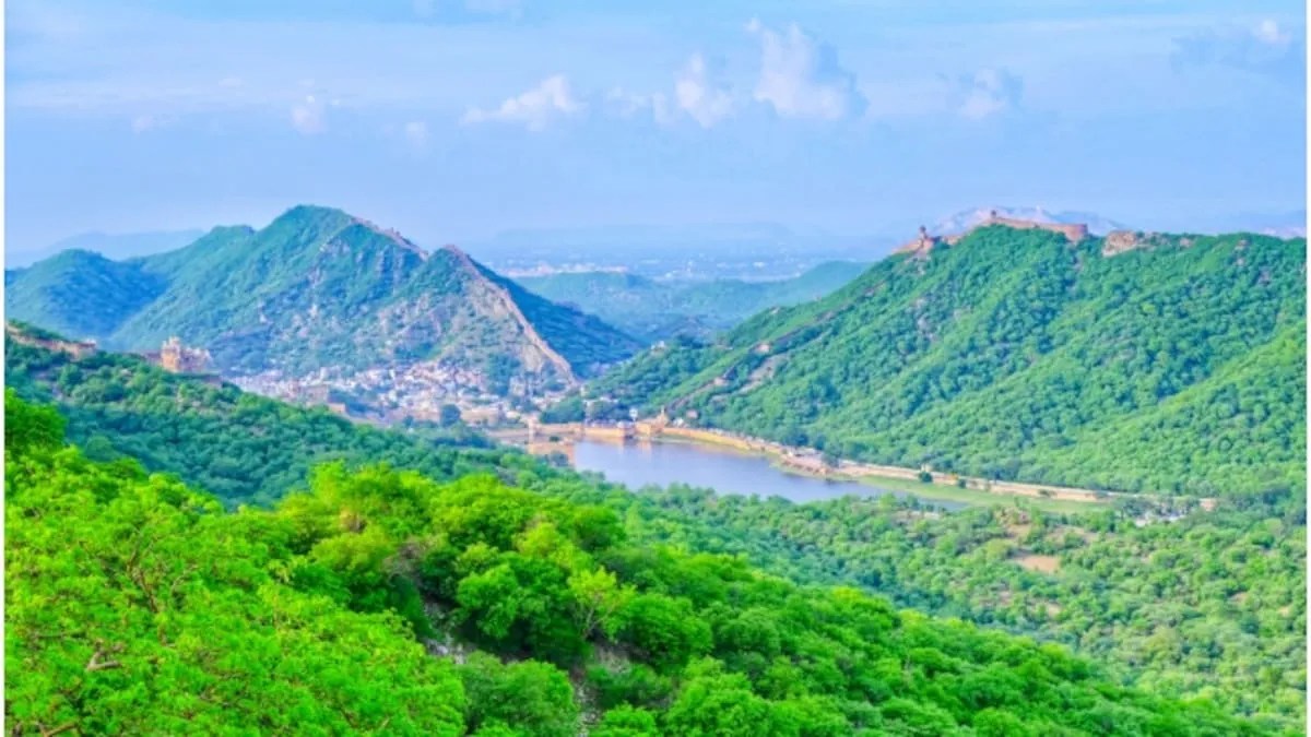 Verdant Aravalli hills framing ancient lake and valleys