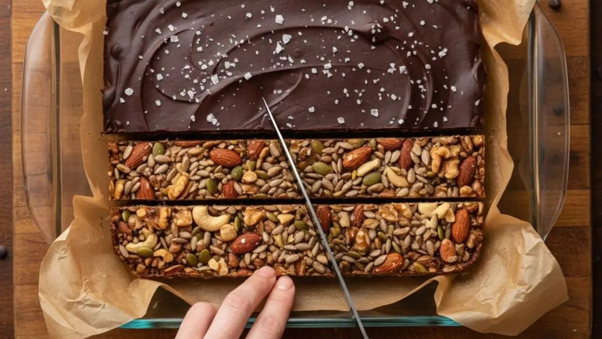 Cutting chocolate nut bars into slices in baking dish.
