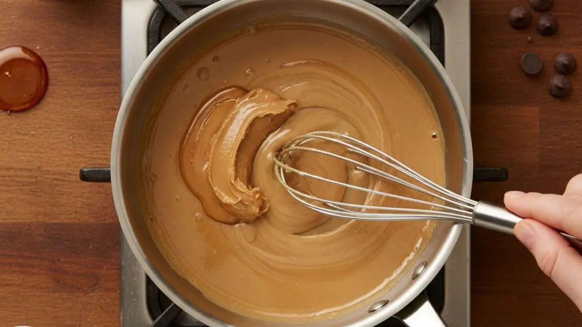 Whisk mixing peanut butter and syrup in saucepan on stove.