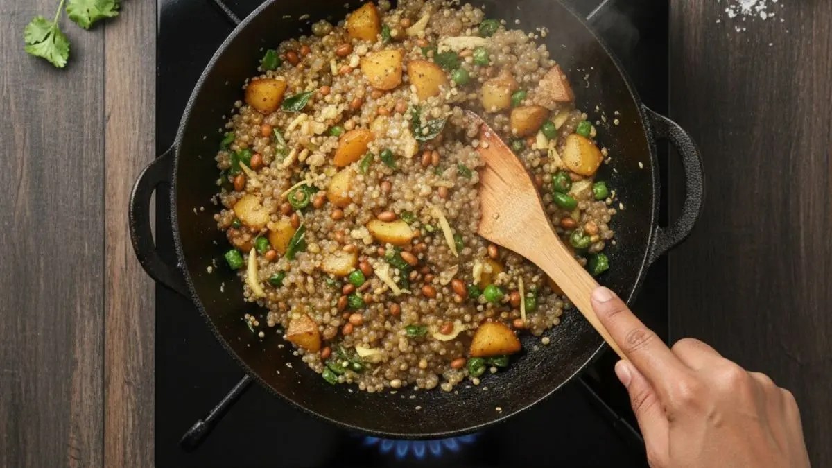 Sabudana khichdi cooking in a pan