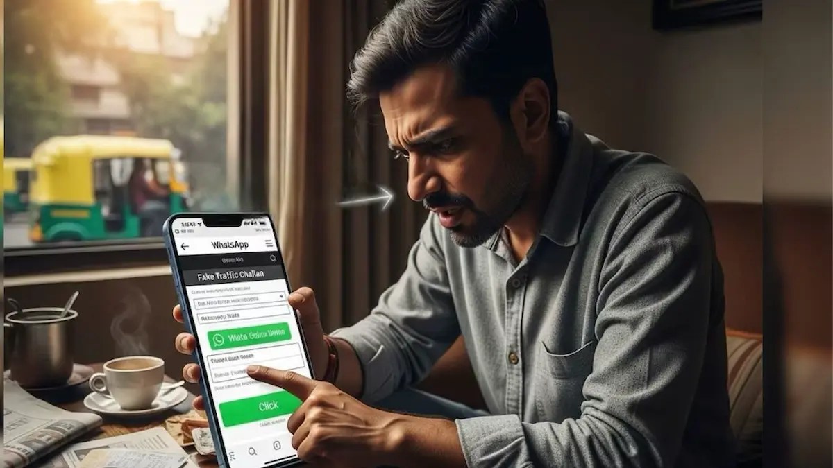 A man looking worried while checking a fake traffic challan message on WhatsApp on his smartphone