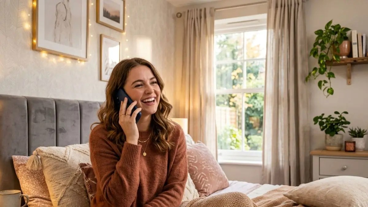 A young woman smiles while talking on her phone in a cozy, decorated bedroom.