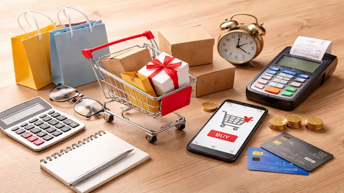 Shopping cart with bags, phone, calculator and payment items on table.