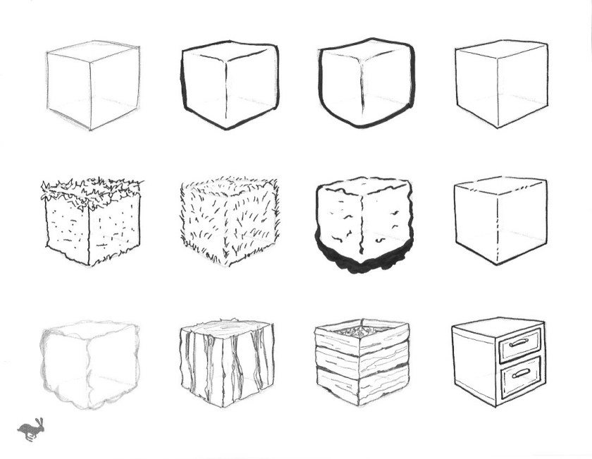 ink and pencil drawings of boxes