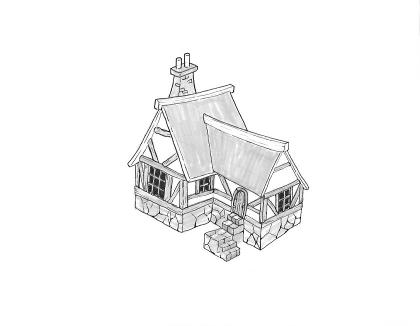 a sketch of a cottage in ink and marker