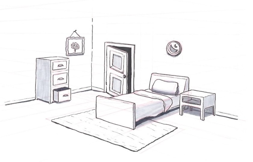 ink and marker sketch of an interior bedroom scene