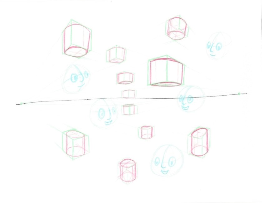 pencil sketches of boxes, cylinders and spheres with faces