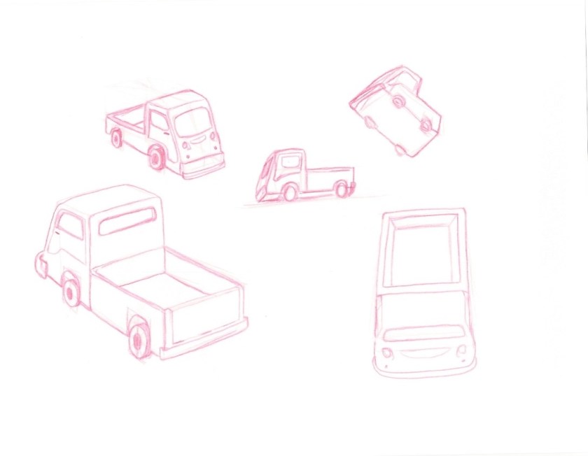 red pencil sketches of a funky little truck from many different perspectives