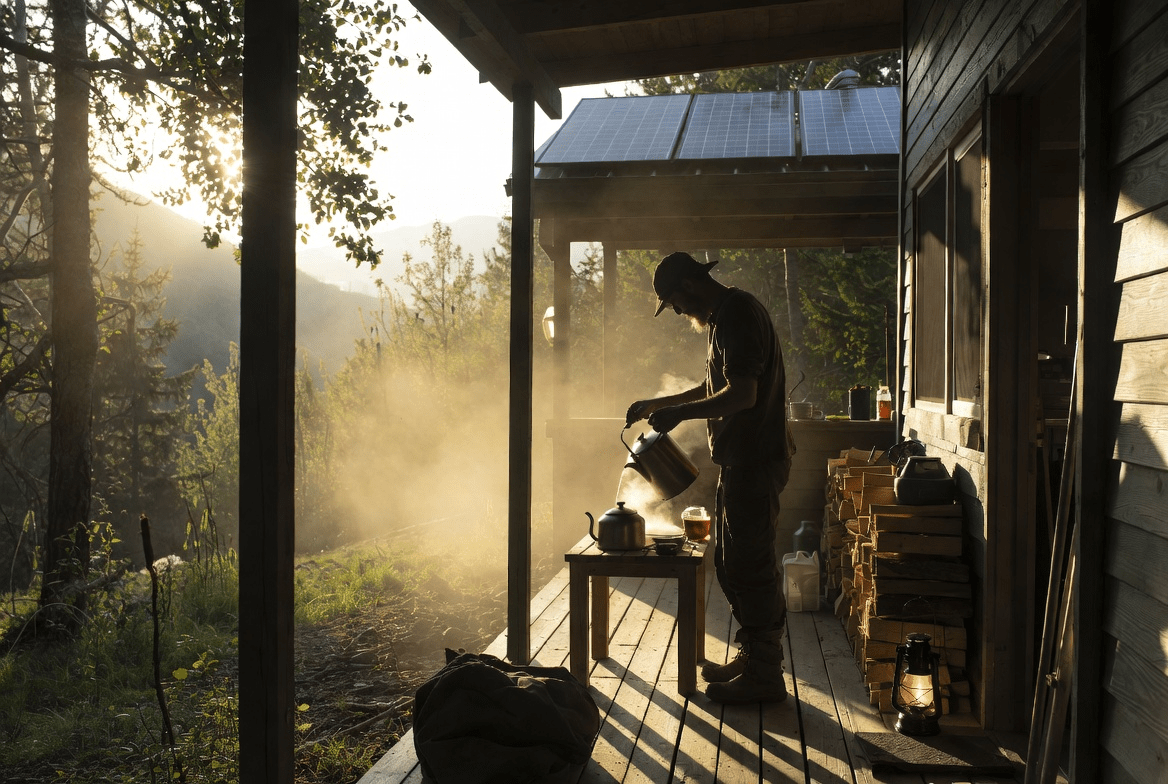 Off-grid homesteader performing a morning ritual on a rustic cabin porch at golden hour with misty forest and firewood in the background — daily routines and mindset practices for off-grid living.