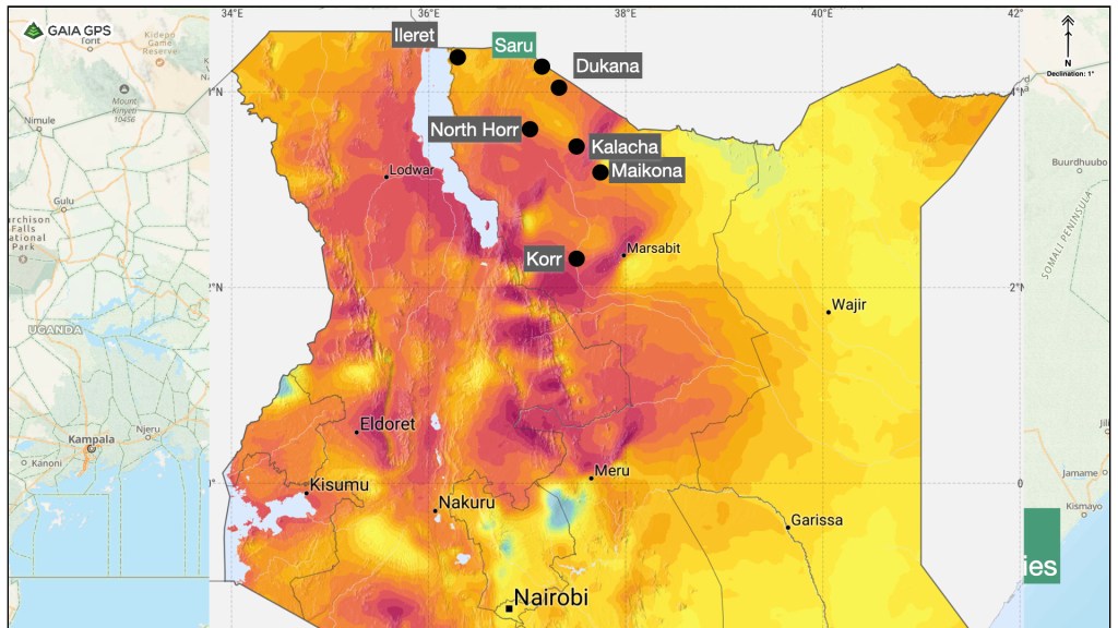 A topographic map of Kenya displaying geographical regions, features, and elevations, with marked locations including Ileret, Saru, North Horr, Dukana, Kalacha, and Maikona.