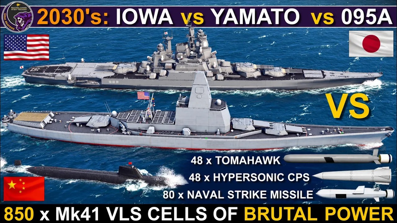 2030s US Stealth Iowa Battleship vs Japanese Yamato vs Chinese Type 095 SSGN | Sea Power